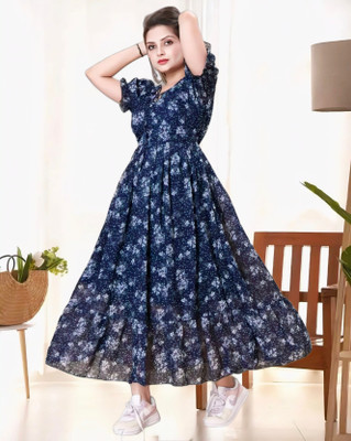 GraceGarbs Women Maxi Blue, White Midi/Calf Length Dress
