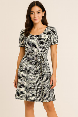 huegenz Women A-line Beige Above Knee/Mid Thigh Length Dress