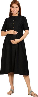 Alluring Women Fit and Flare Black Midi/Calf Length Dress