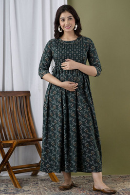ARKAVYA Women Fit and Flare Green Midi/Calf Length Dress