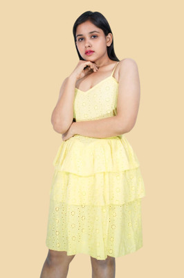 Tylaent Women Fit and Flare Yellow Above Knee/Mid Thigh Length Dress