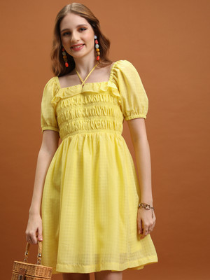 Tokyo Talkies Women Ruffled Yellow Above Knee/Mid Thigh Length Dress
