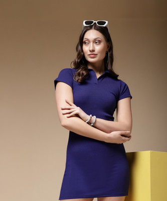 The Indian Garage Co. -Freehand Women Bodycon Blue Above Knee/Mid Thigh Length Dress