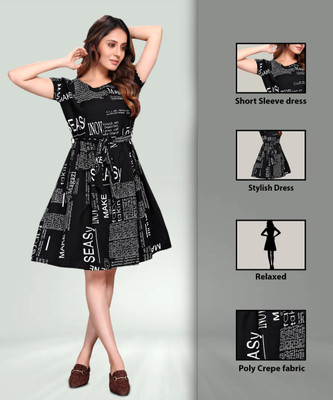HouseOfCommon Women Fit and Flare Black Knee Length Dress