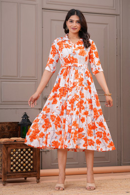 Clothy N Wave Women Fit and Flare Orange Midi/Calf Length Dress