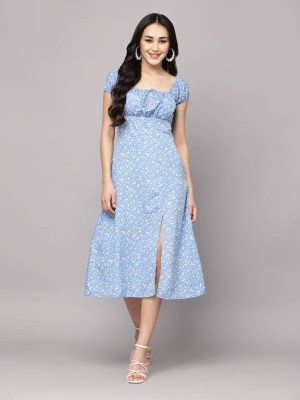 Fab Star Women A-line Light Blue, White Dress