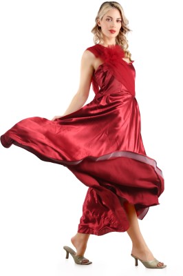 KIYOO Women Gown Maroon Dress