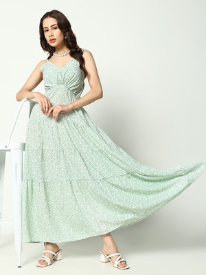 SHOWOFFFF Women Fit and Flare Green Ankle Length Dress