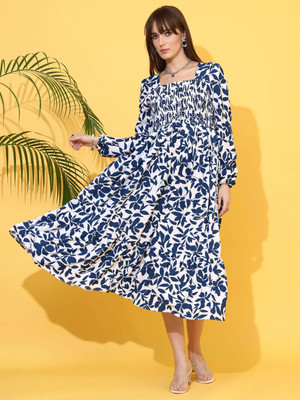 Sheetal Accociates Women Fit and Flare Blue, White Below Knee Dress