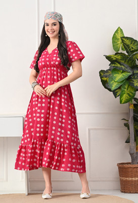 DECKEDUP Women A-line Pink Midi/Calf Length Dress