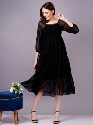 Highlight fashion export Women Gathered Black Midi/Calf Length Dress