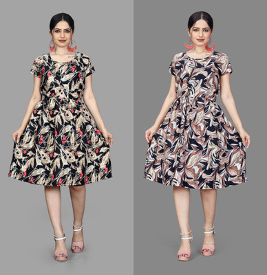 Madhave Women Fit and Flare Multicolor Knee Length Dress