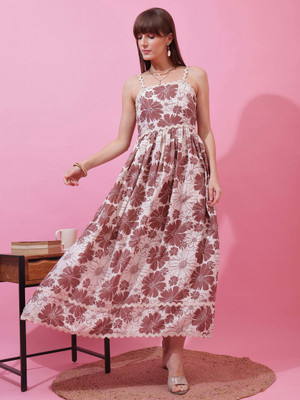 Seek By Sheetal Women Fit and Flare Brown, White Maxi/Full Length Dress