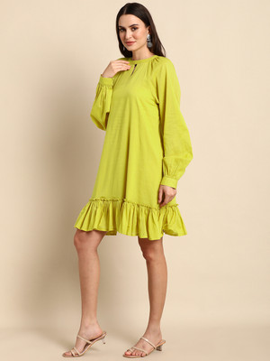 Janasya Women Drop Waist Yellow Above Knee/Mid Thigh Length Dress