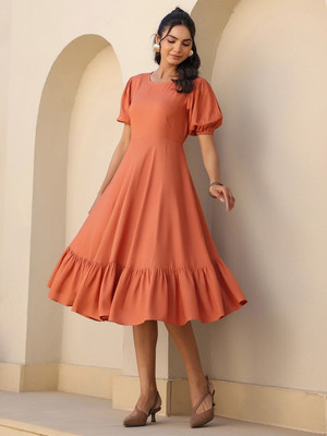 Janasya Women A-line Orange Midi/Calf Length Dress