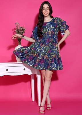 New Ethnic 4 You Women Fit and Flare Blue Above Knee/Mid Thigh Length Dress