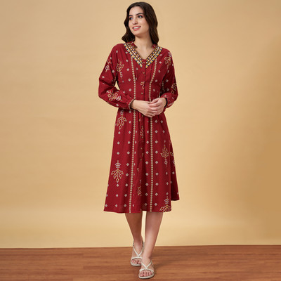 YU by Pantaloons Women Fit and Flare Red Midi/Calf Length Dress