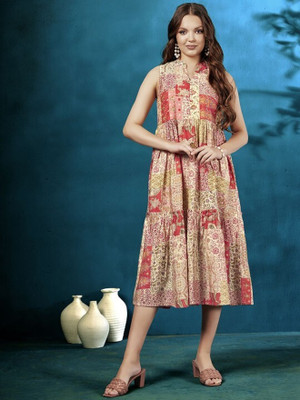 ANOUK Women Fit and Flare Pink Midi/Calf Length Dress