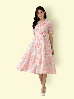 HouseOfCommon Women Fit and Flare White Below Knee Dress