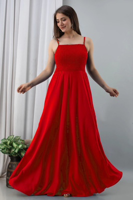FashneAttire Women Fit and Flare Red Maxi/Full Length Dress