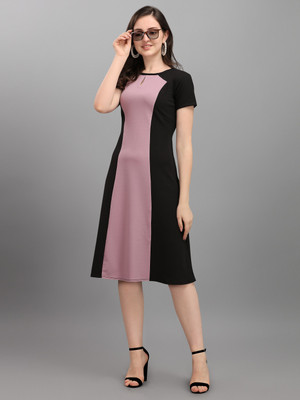 PURVAJA Women A-line Purple, Black Below Knee Dress