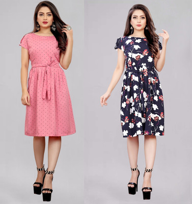 Modli 20 Fashion Women Fit and Flare Pink Below Knee Dress