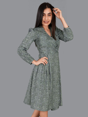 french crown Women A-line Green, White, Grey Below Knee Dress