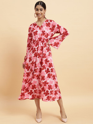 Neesh Women A-line Pink, Red Midi/Calf Length Dress
