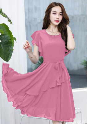 VM STUDIO Women Fit and Flare Pink Midi/Calf Length Dress