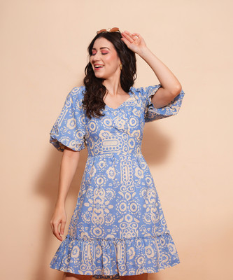 Globus Women Fit and Flare Blue Above Knee/Mid Thigh Length Dress