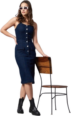 Tripursundari Fashion Women Bodycon Blue Below Knee Dress
