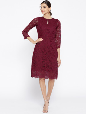 Mayffei Women A-line Maroon Knee Length Dress