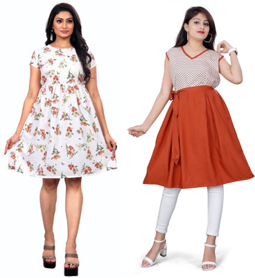 SARVOPAREE FASHION Women A-line White, Brown Knee Length Dress