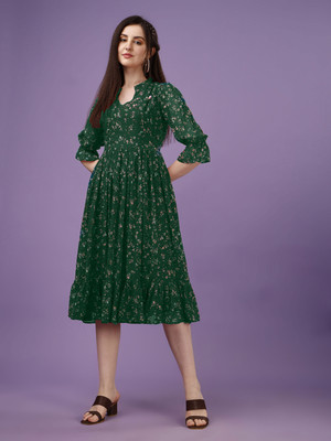 HK SHOPEE Women Fit and Flare Green Midi/Calf Length Dress