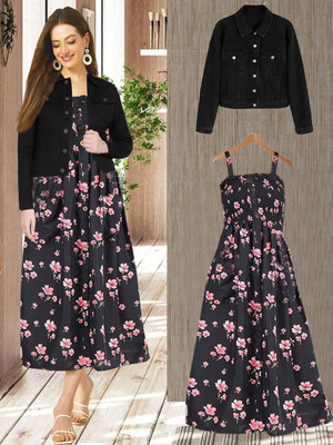 LEETOS Women A-line Black, Black, Multicolor Ankle Length Dress