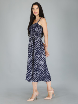 DIAMO Women Ethnic Dress Dark Blue, White Knee Length Dress
