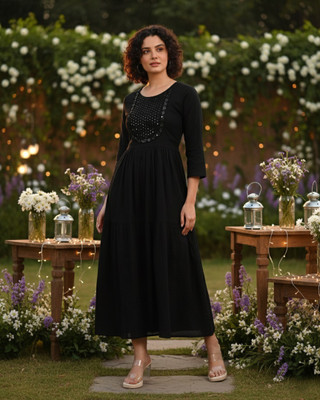 maaesa Women Fit and Flare Black Midi/Calf Length Dress