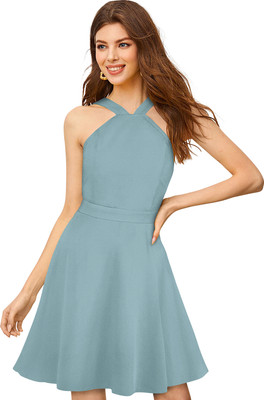 Dhruvil Impex Women Fit and Flare Light Blue Above Knee/Mid Thigh Length Dress