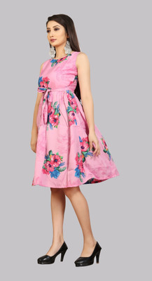 Hiral Creation Women Fit and Flare Pink Knee Length Dress