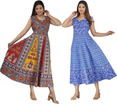 Namokar Enterprises Women Fit and Flare Multicolor Midi/Calf Length Dress