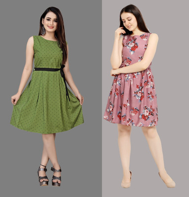 Hiral Creation Women Fit and Flare Pink Knee Length Dress