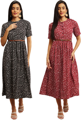 Mamnoon Women Fit and Flare Black, Maroon Midi/Calf Length Dress