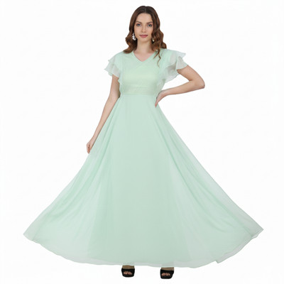 Warsian Women Fit and Flare Light Green Maxi/Full Length Dress