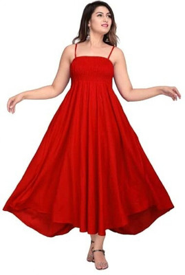 VYMO Women A-line Red Ankle Length Dress
