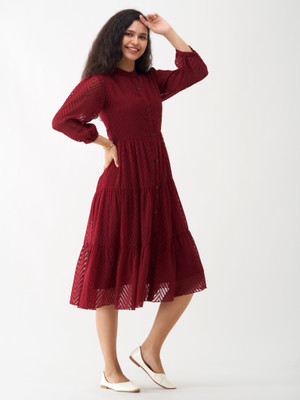 AASK Women Fit and Flare Maroon Midi/Calf Length Dress