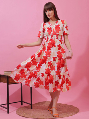 Honky Tonky Women Fit and Flare Red Midi/Calf Length Dress