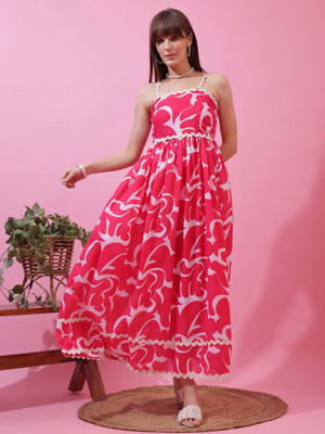 Seek By Sheetal Women Fit and Flare Pink, White Maxi/Full Length Dress