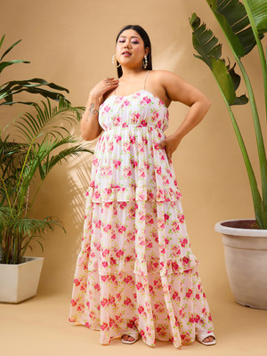 SASSAFRAS Curve Women Fit and Flare White Maxi/Full Length Dress