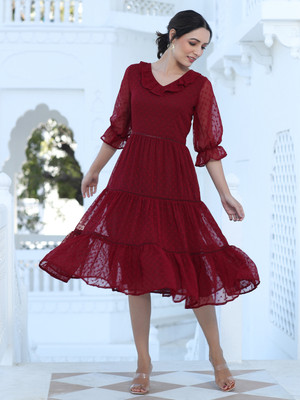 Jaipur Kurti Women Fit and Flare Maroon Midi/Calf Length Dress