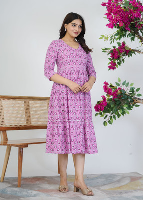 SSS OVERSEAS Women Gathered Pink Below Knee Dress